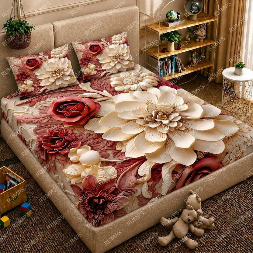 Red Rose & Cream Dahlia bedsheet