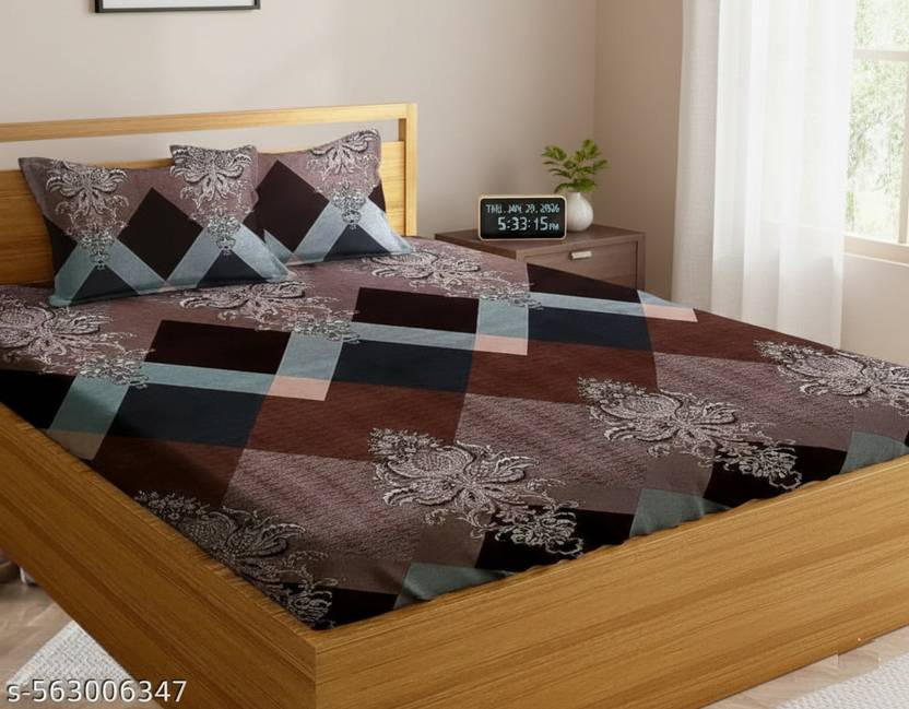 Bedsheat hub Cotton Double Fitted (Elastic) 320 TC Floral 1 Bedsheet