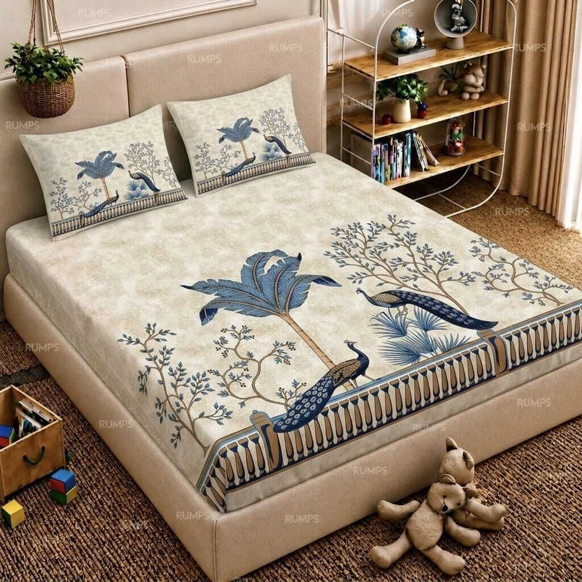 Jaipuri Cream Peacock bedsheet