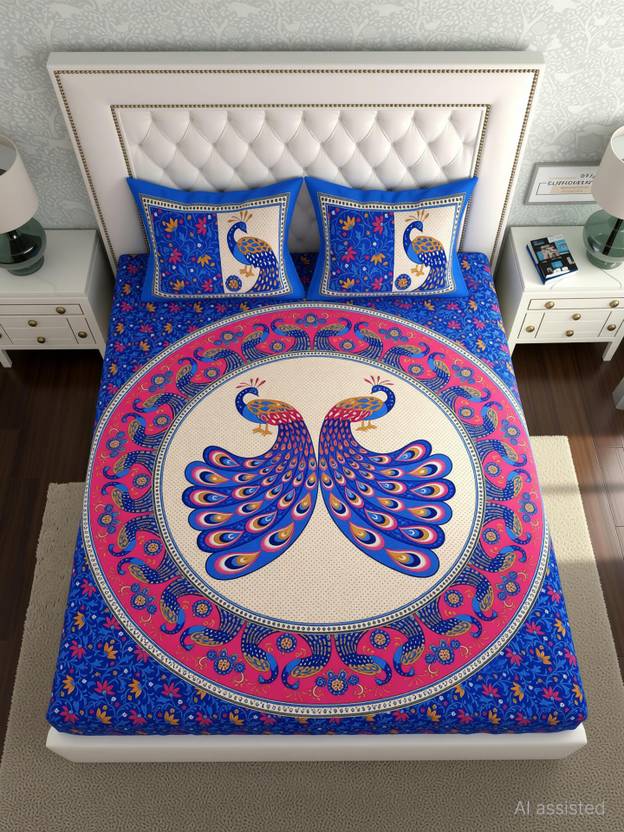 CLOTHOLOGY Cotton Double Flat 144 TC Printed 1 Summer Bedsheet with 2 Pillow Covers