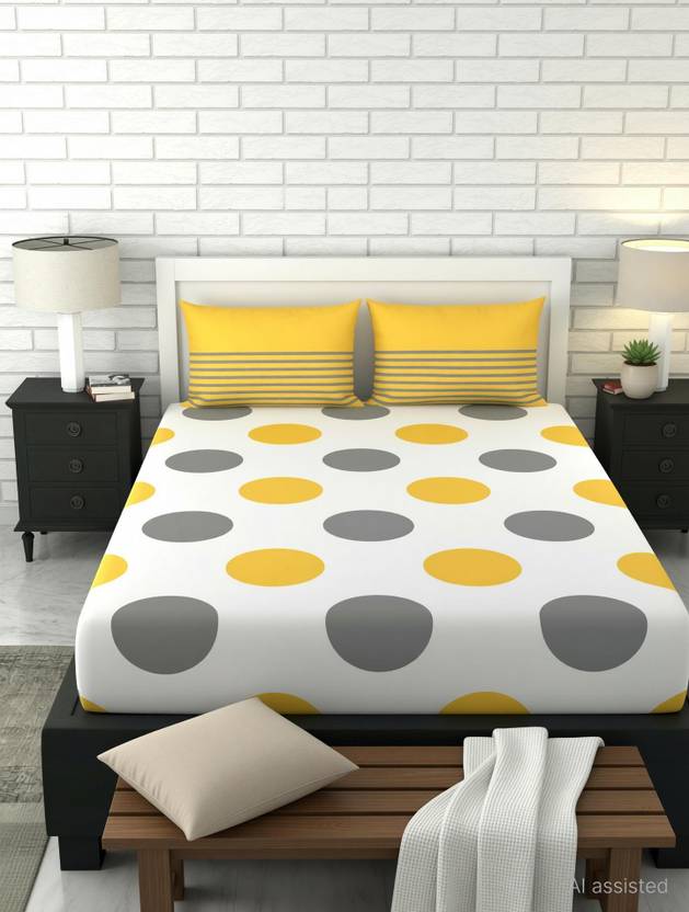 LORETO Cotton Double Flat 144 TC Polka 1 Bedsheet with 2 Pillow Covers