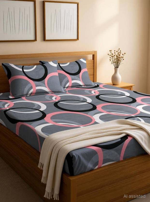 GM HUb Cotton Double, King Fitted (Elastic) 240 TC Geometric 1 Summer Bedsheet with 2 Pillow Covers