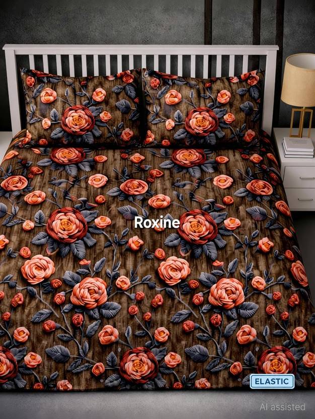 Amrix Cotton King Fitted (Elastic) 350 TC 3D Printed 1 Bedsheet with 2 Pillow Covers