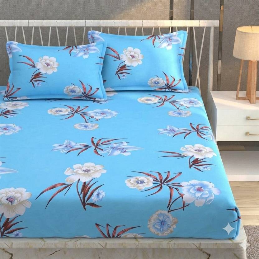 ANTICCA INDIA Cotton Blend Double Fitted (Elastic) 320 TC Printed 1 Summer Bedsheet with 2 Pillow Covers