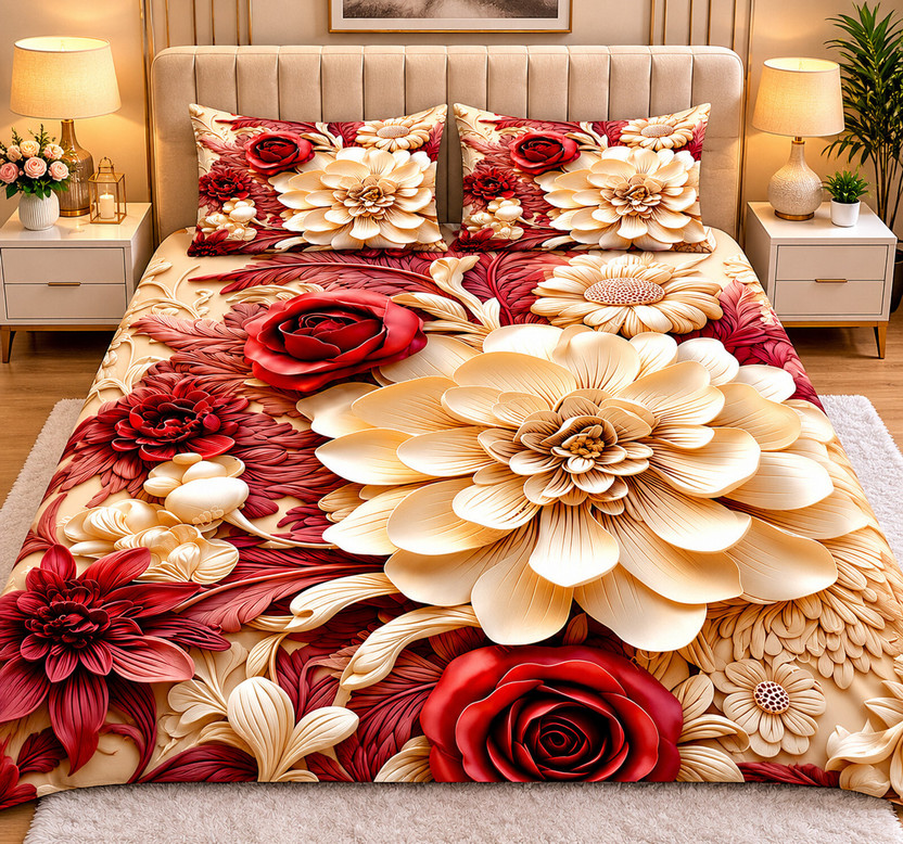 Red Rose & Cream Dahlia bedsheet