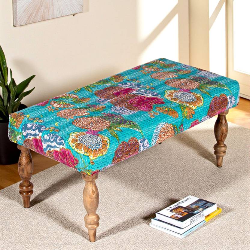 Ikiriya Bestone Solid Wood Bench in Floral Print Green Kantha upholstery for Living Room| Bedroom| Dining Bench| 36x18x16 Inch Solid Wood 2 Seater