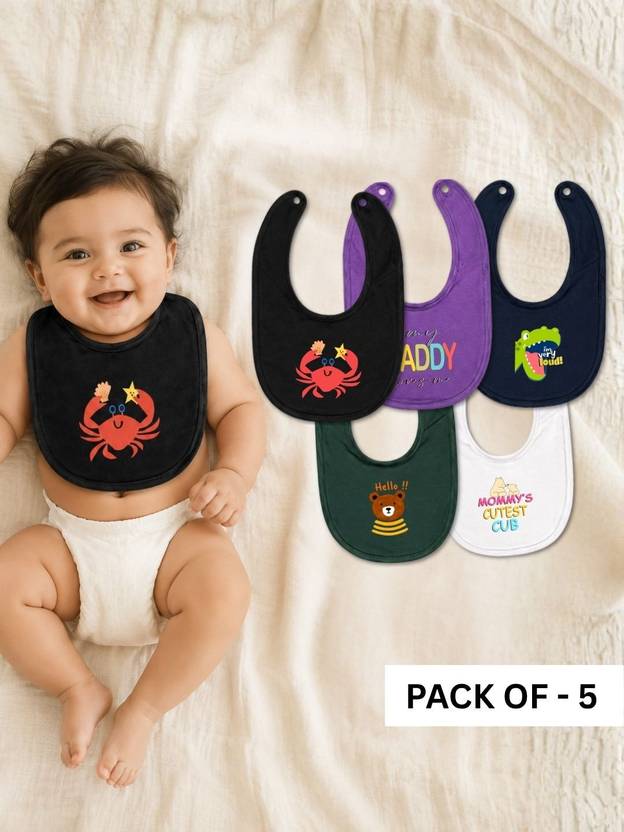 RIGO Cotton Terry Printed Baby Feeding Bibs - Multicolor - Pack of 5