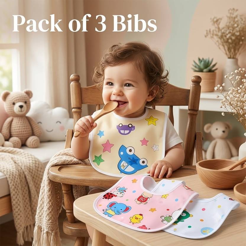 MOMSCAPE Baby Feeding Button Aprons Bibs Soft Cotton Cute Print Double Layered Waterproof