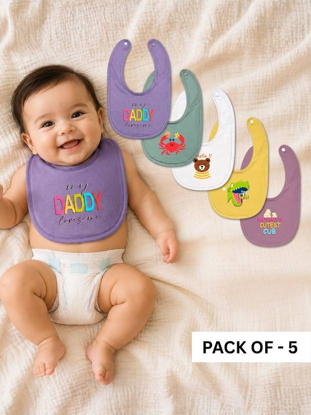 RIGO Cotton Terry Printed Baby Feeding Bibs - Multicolor - Pack of 5