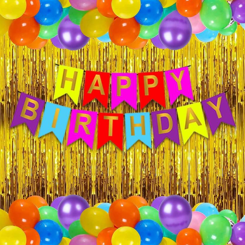 1iAM Birthday decoration items combo with multi color balloons and foil curtain