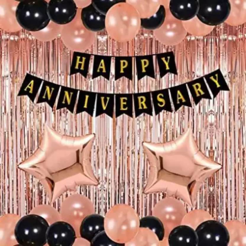 CherishX.com HAPPY ANNIVERSARY PARTY DECORATION WITH BLACK & ROSR GOLD BALLOON