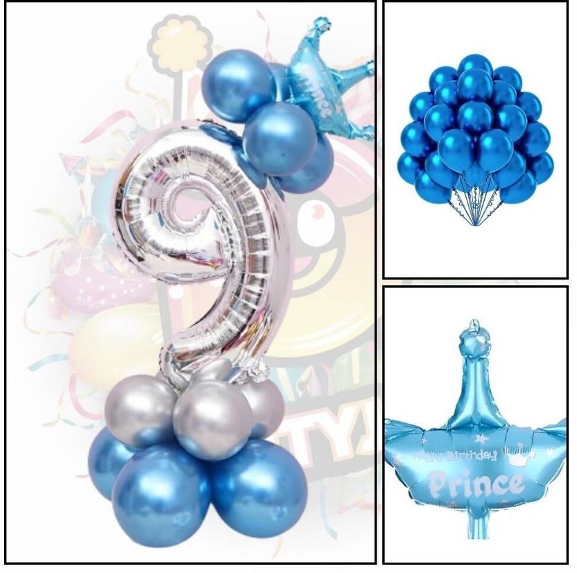 PARTYJOY Birthday Decoration Items - 3 PCS blue silver Numbers 9 Foil Helium Balloons