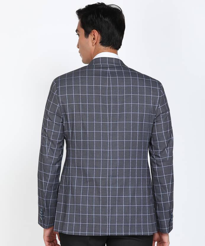 Men Checkered Single Breasted Formal Blazer  (Grey)
