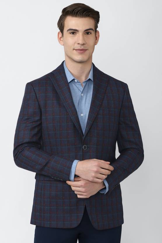 Men Checkered Single Breasted Formal Blazer  (Dark Blue)