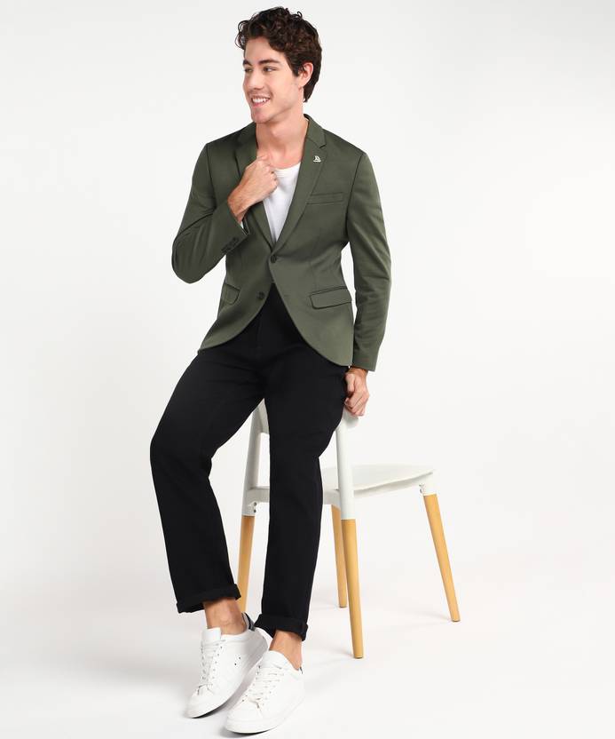 Men Solid Single Breasted Casual Blazer  (Dark Green)
