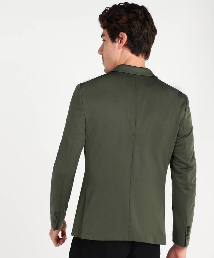 Men Solid Single Breasted Casual Blazer  (Dark Green)