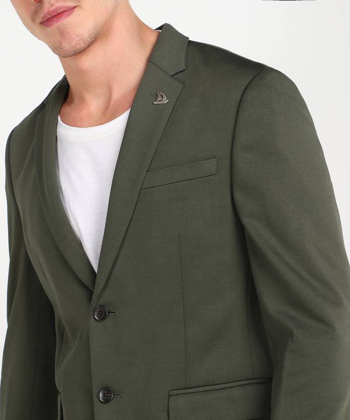 Men Solid Single Breasted Casual Blazer  (Dark Green)