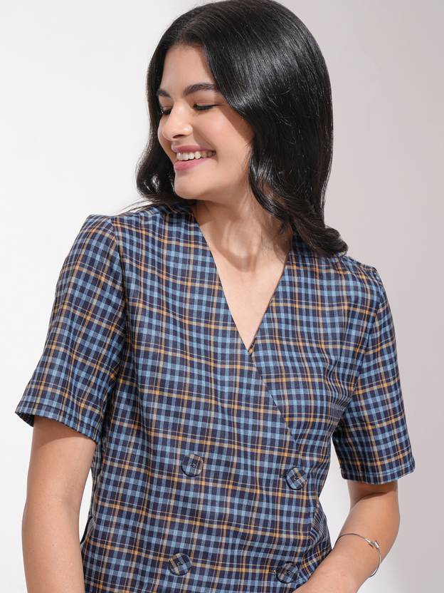 Tokyo Talkies Women Checkered Double Breasted Party Blazer