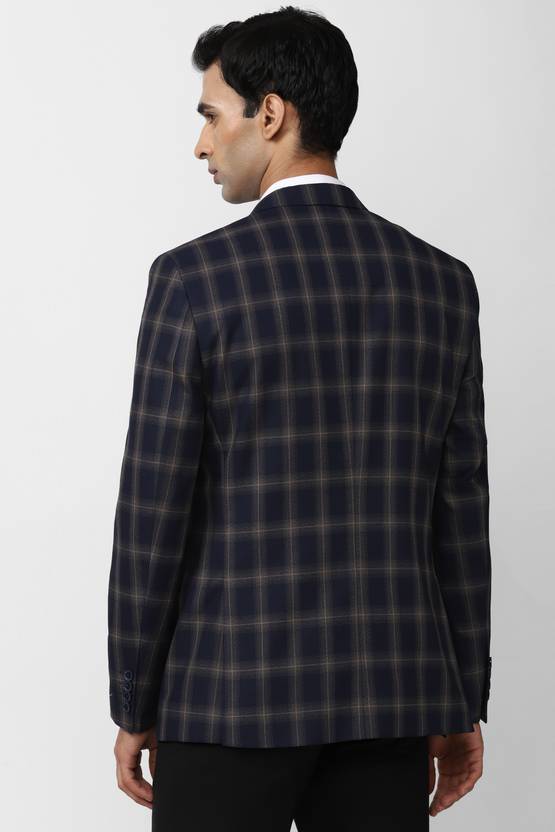 Men Checkered Single Breasted Formal Blazer  (Dark Blue)