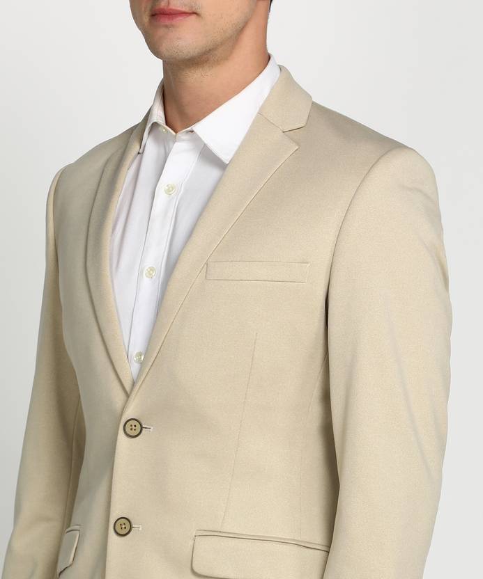 Men Solid Single Breasted Formal Blazer  (Beige)
