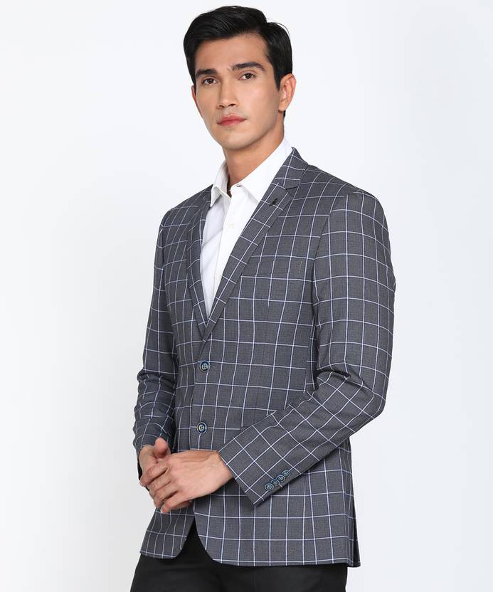 Men Checkered Single Breasted Formal Blazer  (Grey)