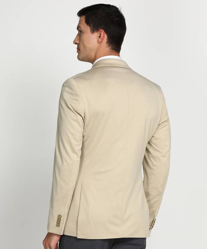 Men Solid Single Breasted Formal Blazer  (Beige)