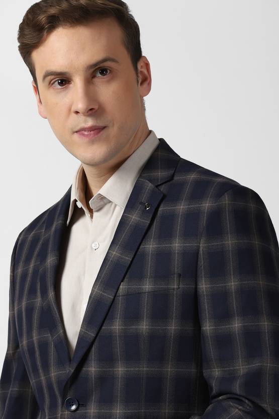 Men Checkered Single Breasted Formal Blazer  (Dark Blue)