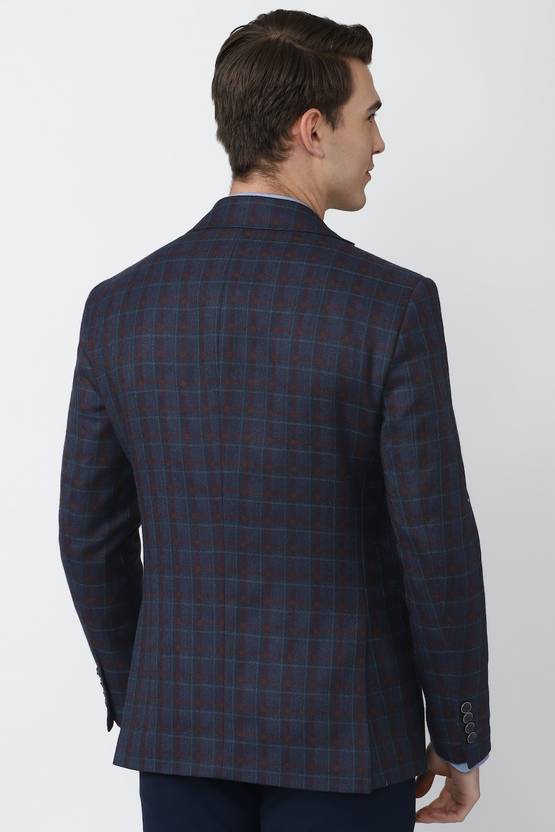 Men Checkered Single Breasted Formal Blazer  (Dark Blue)