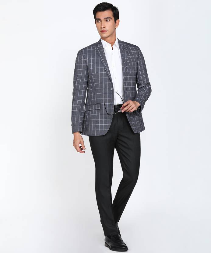 Men Checkered Single Breasted Formal Blazer  (Grey)