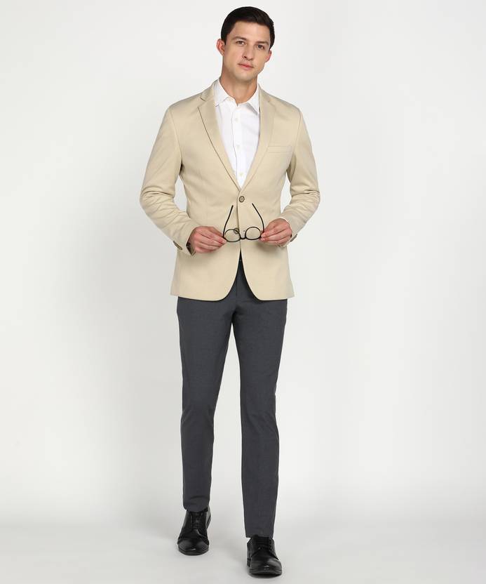 Men Solid Single Breasted Formal Blazer  (Beige)