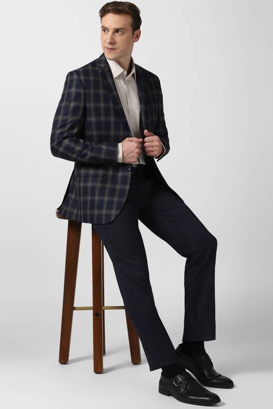 Men Checkered Single Breasted Formal Blazer  (Dark Blue)