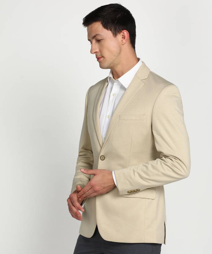 Men Solid Single Breasted Formal Blazer  (Beige)