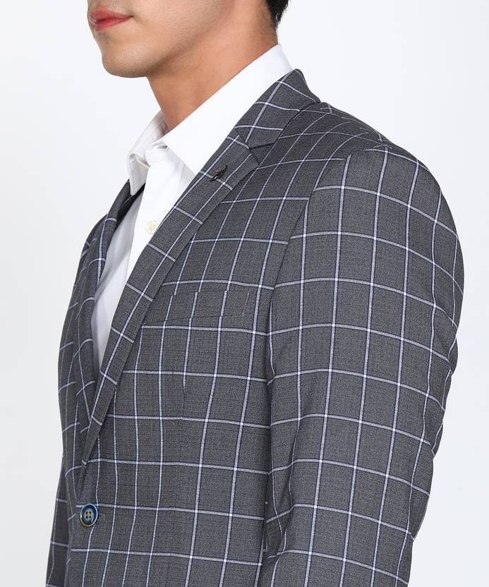 Men Checkered Single Breasted Formal Blazer  (Grey)