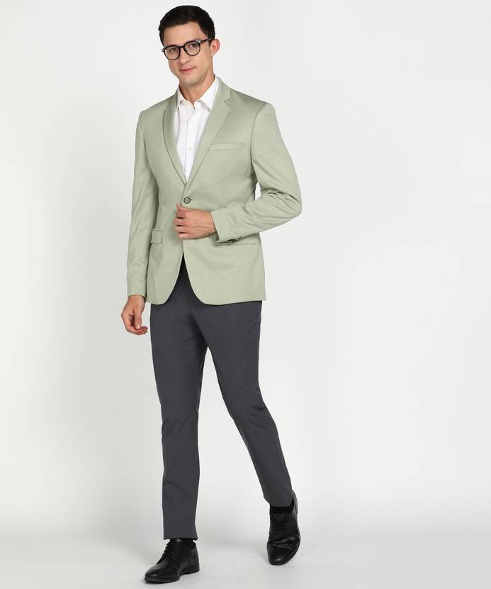 Men Solid Single Breasted Formal Blazer  (Light Green)