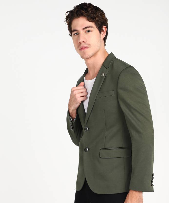 Men Solid Single Breasted Casual Blazer  (Dark Green)