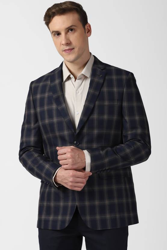Men Checkered Single Breasted Formal Blazer  (Dark Blue)