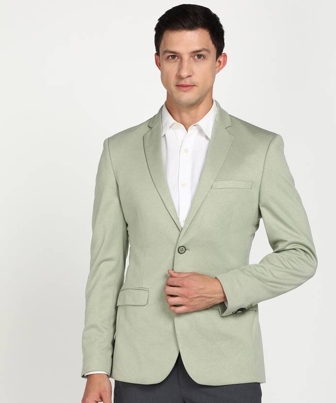 Men Solid Single Breasted Formal Blazer  (Light Green)