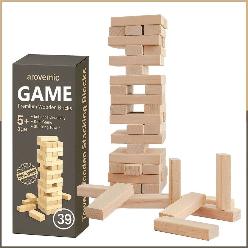 arovemic Janga Style Wooden Block Game – 39 Stackable Pieces for Kids & Adults Board Game Accessories