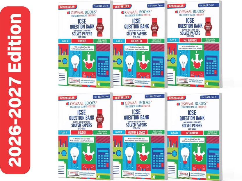 Oswaal ICSE Class 10 Question Banks Physics, Chemistry, Mathematics, Biology, History & Civics, Geography (Chapter-wise & Topic-wise) |Class 10 I Set of 6 books |For 2027 Exam | with Oswaal AI
