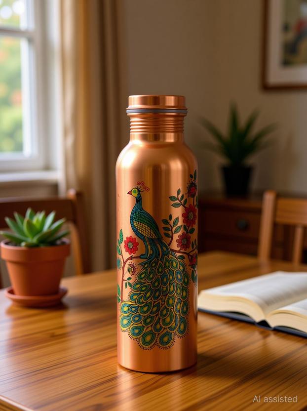 Egal Hunt Peacock Printed Copper Bottle Set of 1