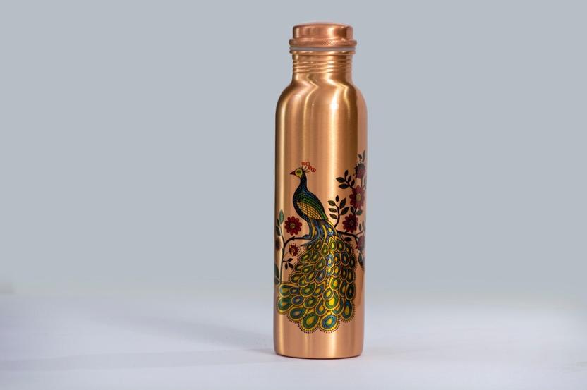 BRIJAZA Copper Water Bottle Peacock Printed 1000 ml