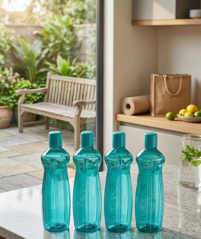 ALLORAMART Pack of 4-Fresh Green Water Bottle Set,1000ml each 1000 ml Plastic, Tritan Bottle