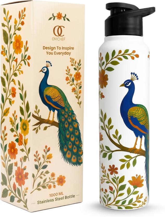 Omichef Steel Water Bottle 1 Litre Peacock Printed