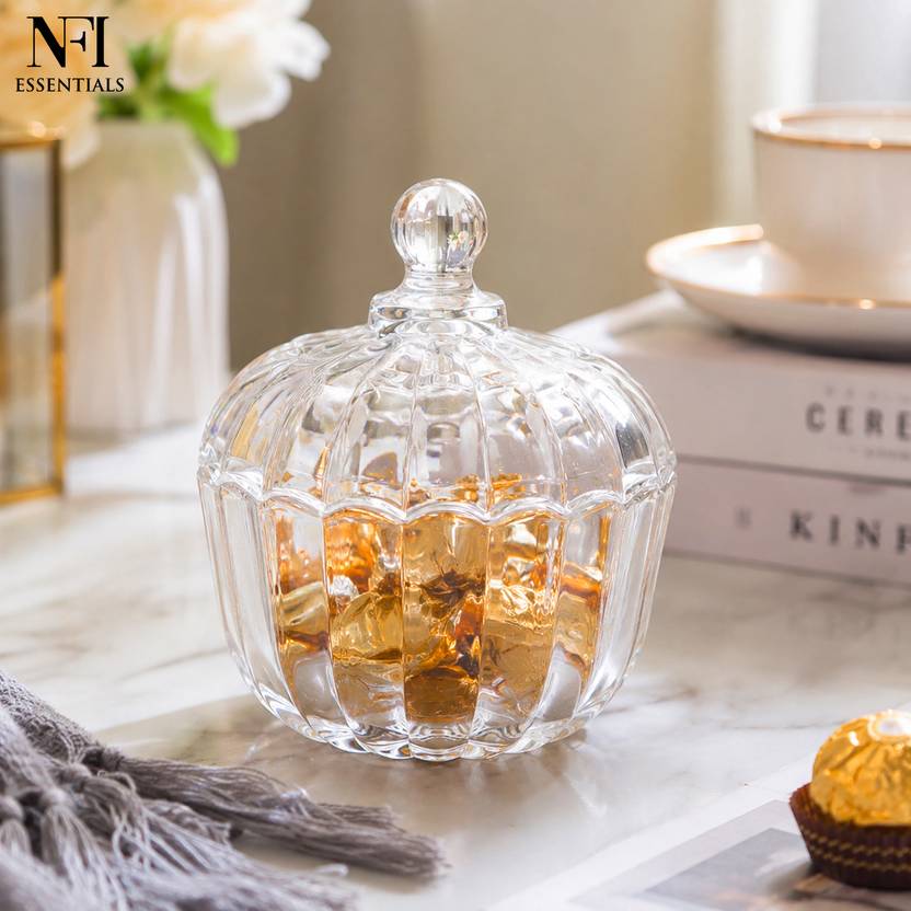 NFI essentials Glass Candy Bowl Glass Candy Jar with Lid for Dry Fruits, Sweets & Chocolates Disposable