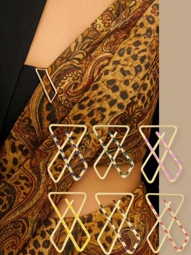 FlyTouch Saree Pin Collection – 6 Gold Plated X Pins Multicolor Draping Hold Brooch