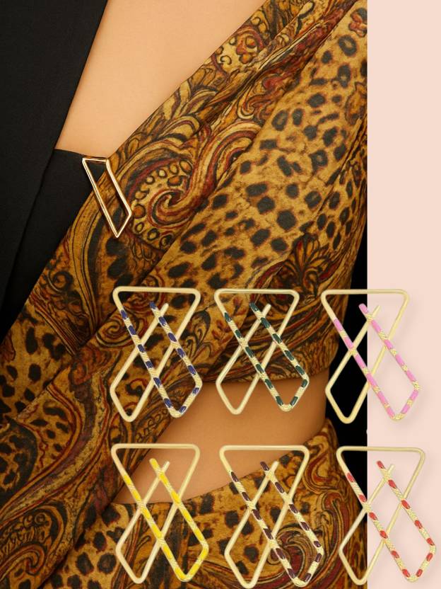 FlyTouch Saree Pin Collection – 6 X Pins Multicolor Gold Plated Pleat Holders Brooch