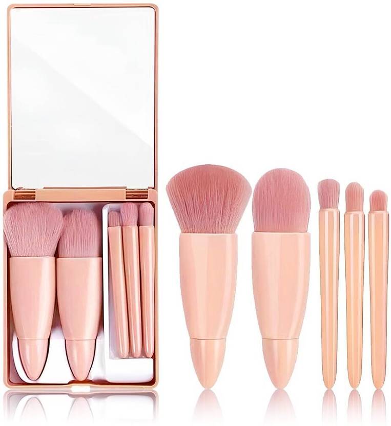 EZELFLOW BEAUTY Travel Makeup Brush Set, 5pcs Mini Brushes with Mirror Set