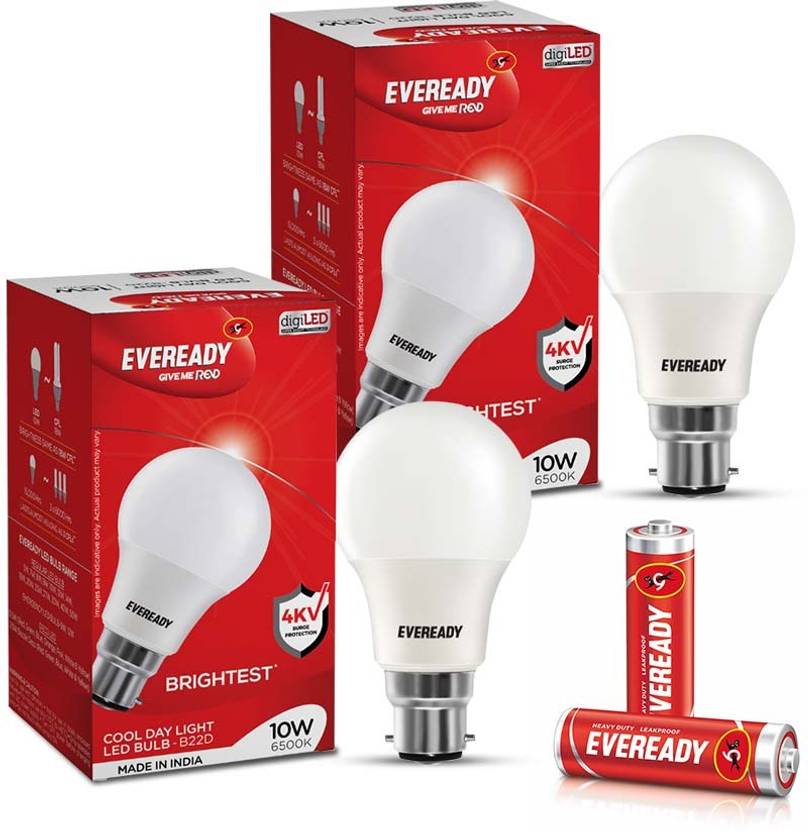 Eveready 10W LED Bulb Pack of 2 with Free 2 Batteries Price in India