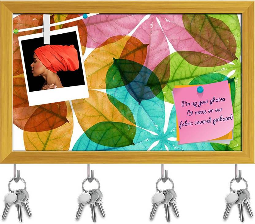Artzfolio Colorful Leaves Pinboard with Key Holder Hooks Golden Frame