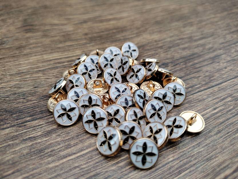 Buttongallery Modern Stylish White Golden Round Metal Buttons with Black Design – 10mm Durable Metal Buttons